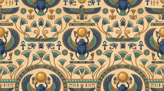 Ancient Egyptian seamless pattern with scarab beetles, eye of horus, ankh symbols and papyrus