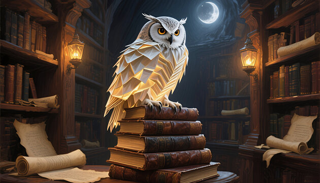 Owl perched on books in a dimly lit library with a moonlit backdrop  