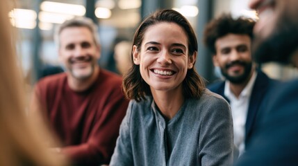 Fototapeta premium A smiling woman in a gray sweater sitting in a group of people, with a blurred background.