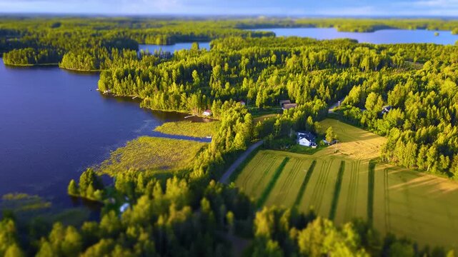 Aerial rural landscape miniature tilt video shift effect with moving drone. 