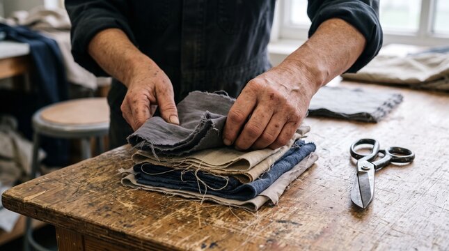 Tired hands sorting fabric after a factory shift