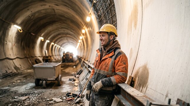 Tunnel worker pauses after the underground breakthrough