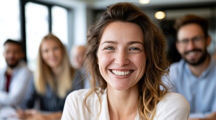 Fototapeta premium A smiling woman in a white shirt, with a group of people in the background.