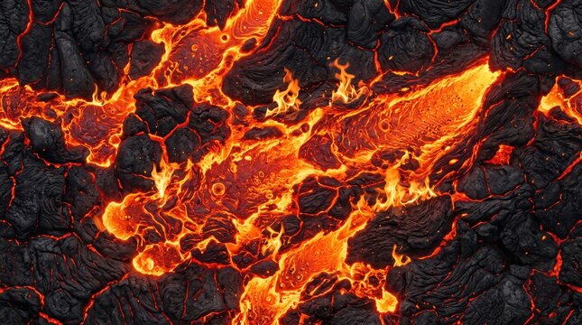 Fiery Lava Flowing from a Volcanic Eruption on Dark Rocks