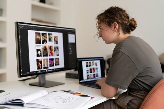 Designer using AI tools to review visual concepts, organize creative assets and integrate artificial intelligence into digital workflow