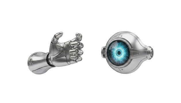 Futuristic Robotic Mechanical Hand and Glowing Artificial Eye