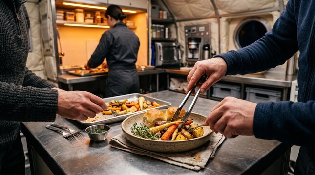 Researchers plate a seasonal meal in a lunar habitat galley