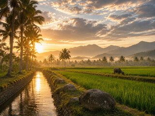 Fototapeta premium Rice Field at Sunset