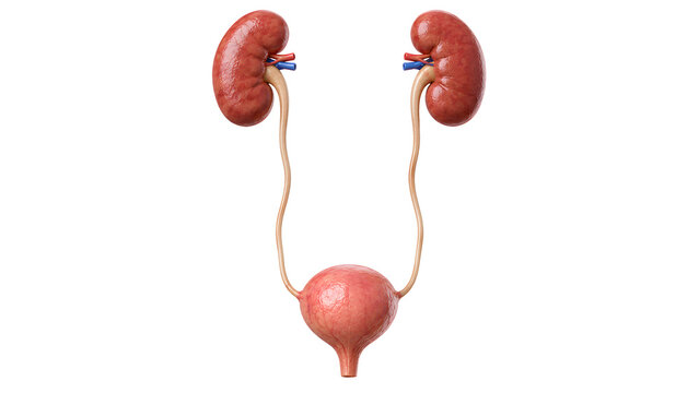 Anatomical illustration of the human urinary system including kidneys and bladder isolated on white background