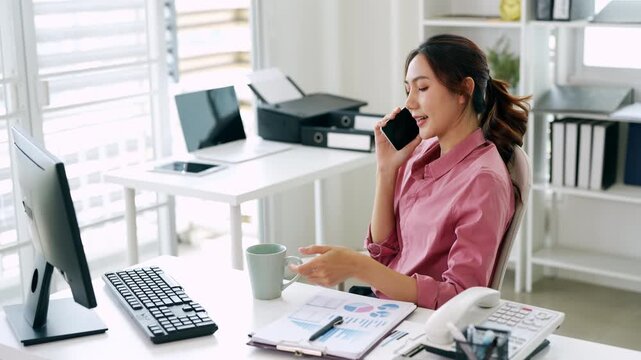 Coffee, phone call and  business woman on business call for communication, advisor and planning.  contact and professional chat , discussion.