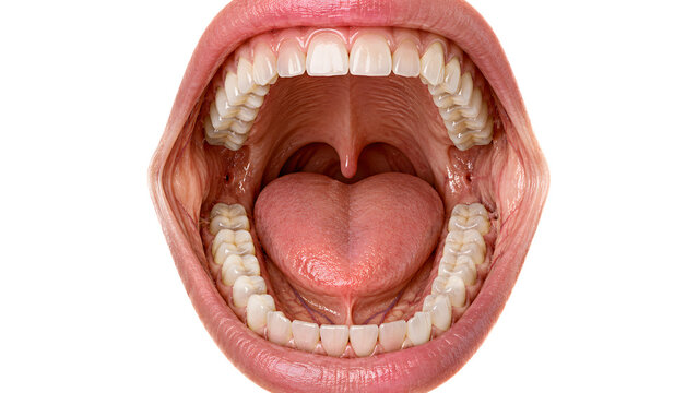 Anatomical illustration of an open human mouth showing teeth, tongue, and throat isolated on white background