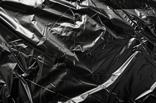 Photo of Crumpled sheet of black polythene plastic wrap. Background texture for backdrops or mapping
