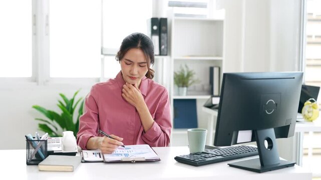 Cough, sore throat . sick business woman having sore throat, coughing or choking with sickness or flu .