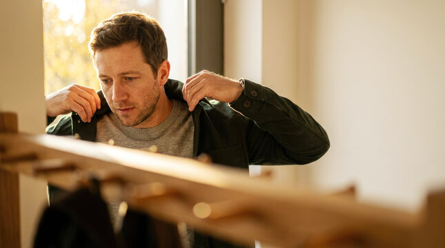Man putting on jacket near coat rack at home entrance