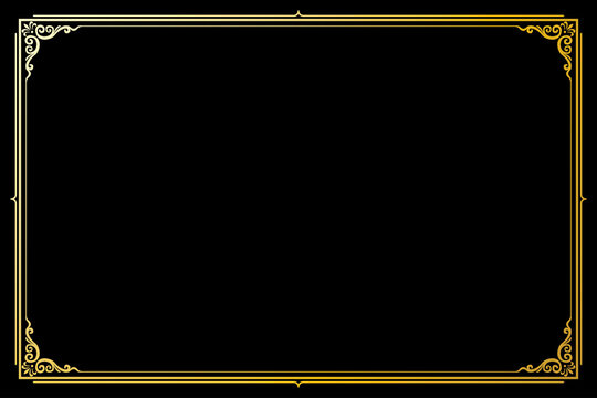 Elements of ornate vintage frames. Border gold on black classic swirls, floral corners. Design print for greeting cards, wedding invitations, restaurant menu, royal certificates. Set 58
