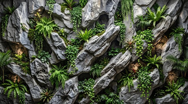 A close-up view of a vibrant vertical garden featuring grey textured rocks and an abundance of lush green ferns and various tropical plants, creating a natural and serene botanical display.