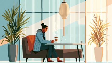 Fototapeta premium A woman wearing a blue jacket and glasses sits on a brown couch in a modern, minimalist living room with large windows, potted plants, and a hanging lamp 