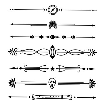 Set of dark gothic text dividers with skeleton and horror motifs for editorial layouts now.