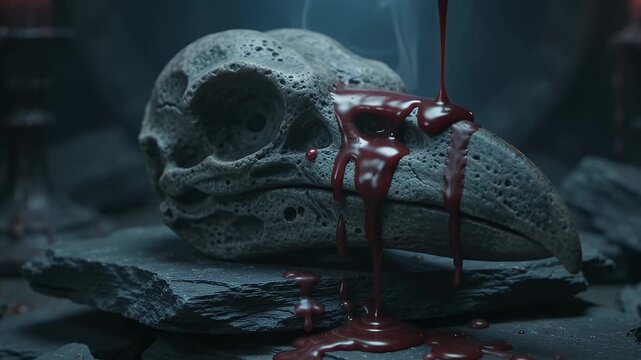 Cinematic 4K Slow Motion of Thick Red Blood Dripping onto a Raven Skull on Dark Stone in a Spooky Gothic Atmosphere with Eerie Smoke