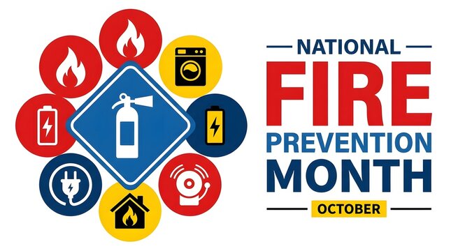 National fire prevention month illustration with safety equipment and hazard symbols for october awareness campaigns