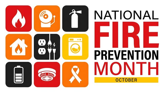 National fire prevention month illustration with safety icons and awareness ribbon for october campaigns