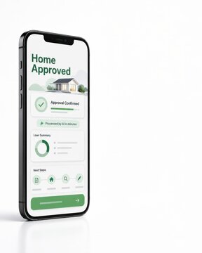 Smartphone displaying home mortgage loan approval app screen on isolated white background