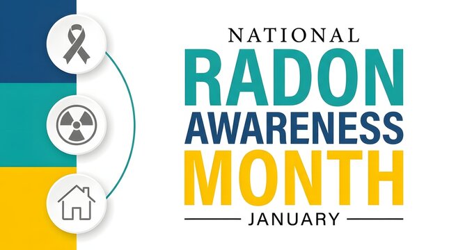 National radon awareness month campaign illustration with ribbon hazard symbol and house icon