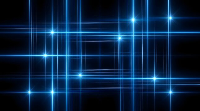 Blue glowing light flares and intersecting laser lines abstract background