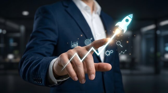 Businessman launching business growth with digital rocket startup concept