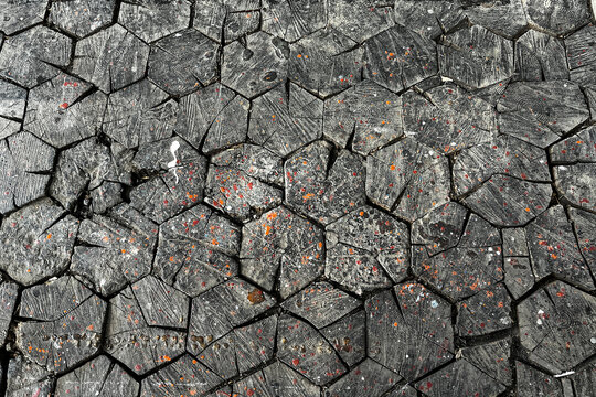 Old Wooden Hexagonal Blocks Tiled Floor. Abstract Natural Textured Background.   
