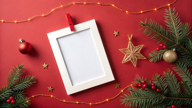 Blank white photo frame with red clothespin on rustic holiday table setting with pine greenery and gold stars