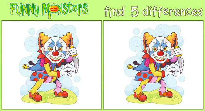 scary monster clown, find five differences