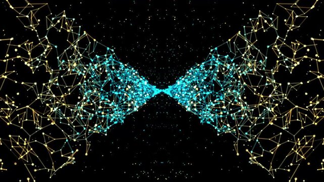 青緑の粒子が広がる対称的な抽象テクノロジー映像