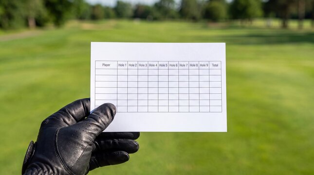 Golfer hand wearing black leather glove holding white paper scorecard on sunny green golf course background