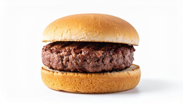 Single hamburger with grilled beef patty between plain buns on white background