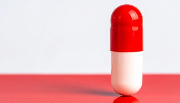 Red and white capsule pill standing upright on glossy red surface