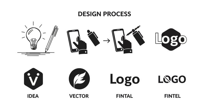 Design process from idea to logo creation with process conceptualization illustrates design development designing branding identity planning