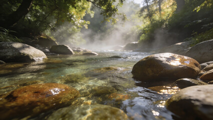 Tranquil forest stream with steam rising from warm water © Hydra