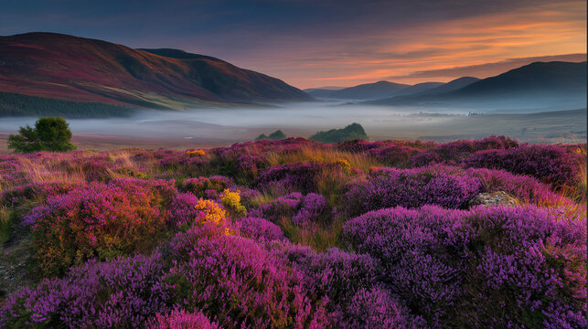 Heather Moorland at Dawn: A breathtaking panoramic view of a vast moorland carpeted in vibrant purple heather, with rolling hills shrouded in mist in the background.