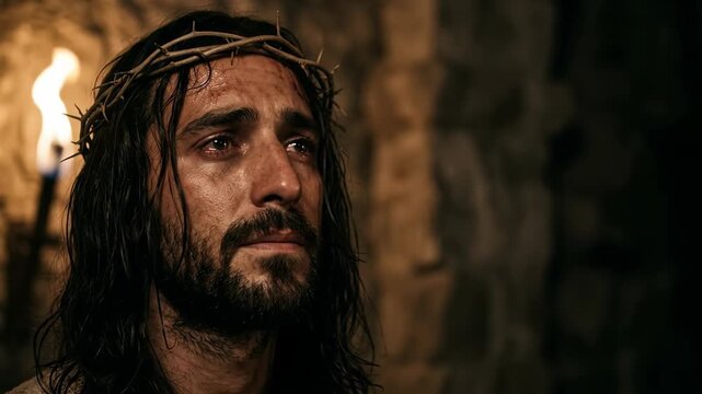 Close up portrait of jesus christ wearing a woven crown of thorns with a sorrowful expression looking up in a dark stone room illuminated by a warm background fire torch
