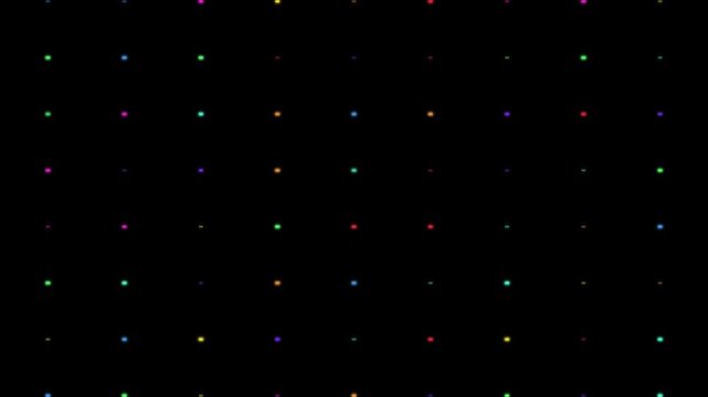 Neon dots pattern flickering on black background dynamic digital motion graphic footage.