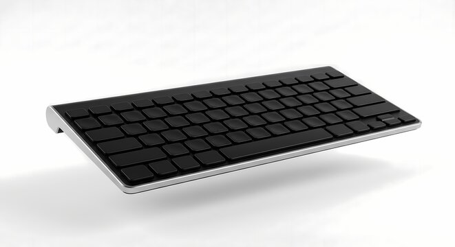 Modern sleek black and silver wireless computer keyboard isolated on white studio background for tech and office concepts