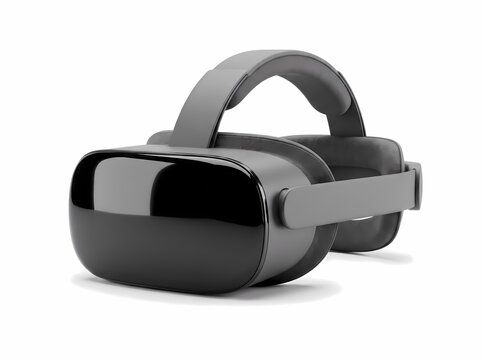 Modern black virtual reality headset isolated on a white background representing advanced 3D gaming technology and metaverse experience.
