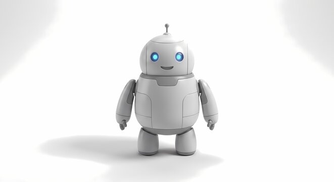 Cute white futuristic AI robot character with glowing blue eyes standing isolated on a white background, representing technology and automation.