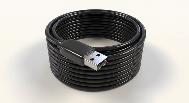 Coiled black USB charging and data transfer cable with USB-A connector on a clean white background.