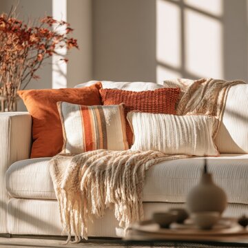 Cozy living room with stacked pillows and draped blanket on sofa