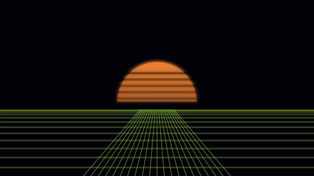Retro synthwave sun setting over glowing neon grid landscape horizon vintage eighties style.