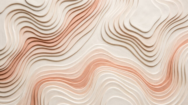 Abstract topographic map texture featuring smooth wavy lines blending beige and pastel pink colored contours forming continuous layered three dimensional geographical landscape