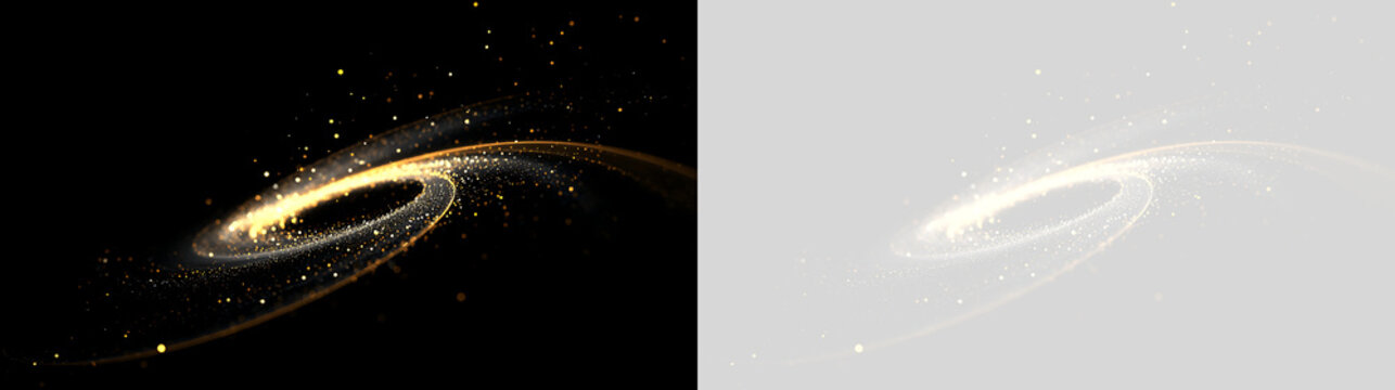 Golden glowing spiral light trail with particles on black and transparent background. Abstract magic dust swirl overlay