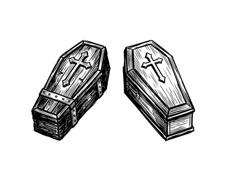 Two vintage coffins with crosses illustration isolated on transparent background, isolated on white background, Vector
